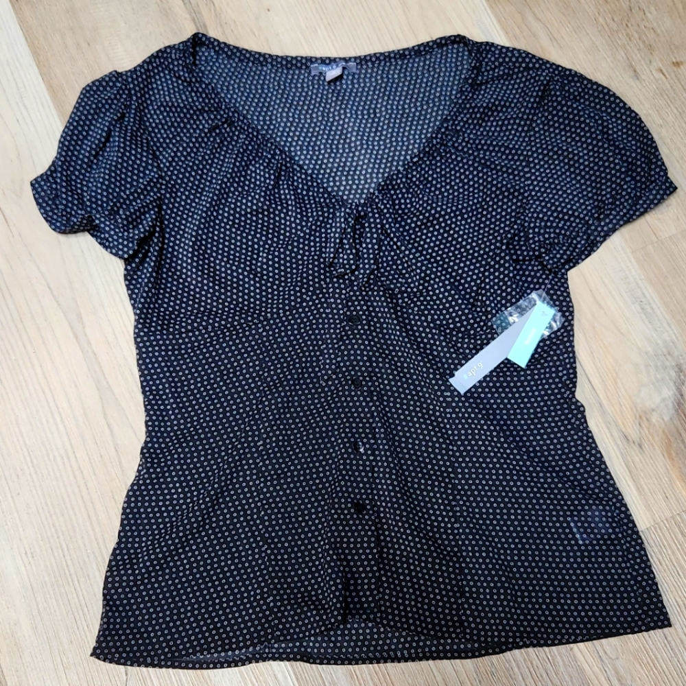 NWT Apt 9 Dressy Black w/ White Circle Polka Dot Top  Sz M